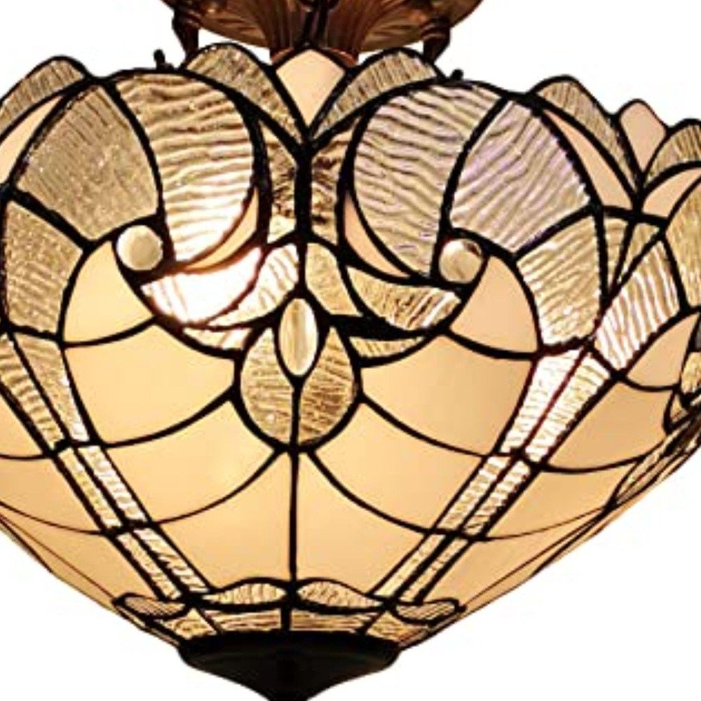 Yellow and Brown Two Light Tiffany Style Semi Flush Dimmable Ceiling Light on a white background