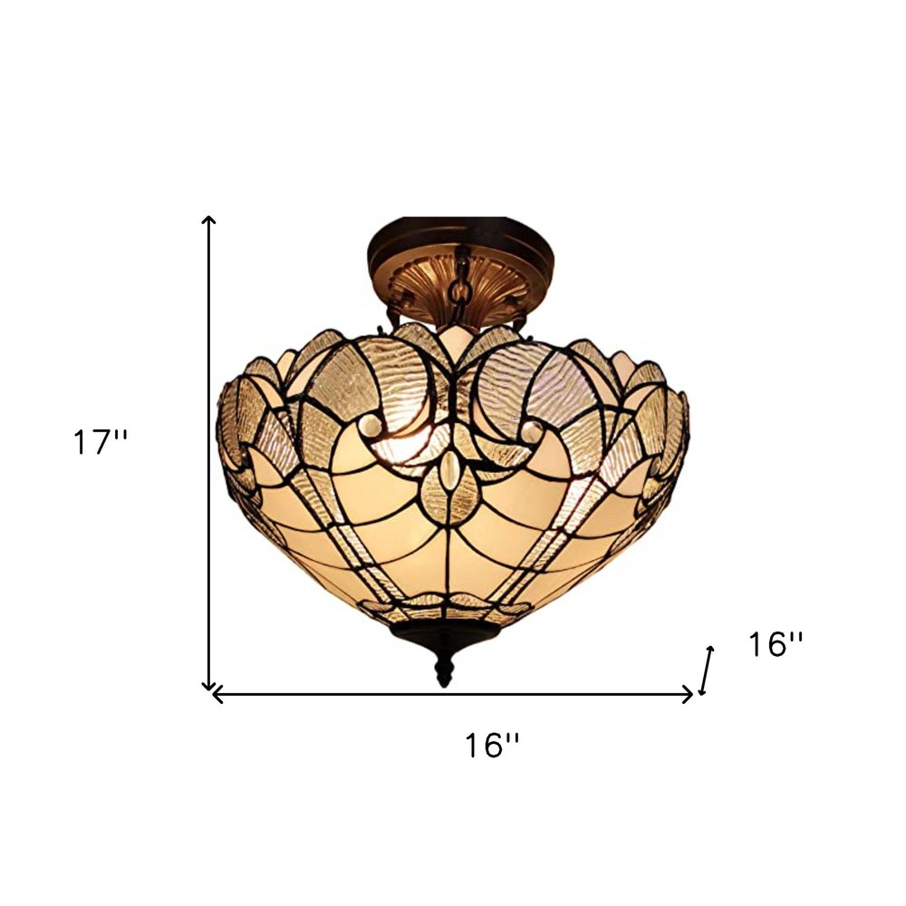 Yellow and Brown Two Light Tiffany Style Semi Flush Dimmable Ceiling Light on a white background