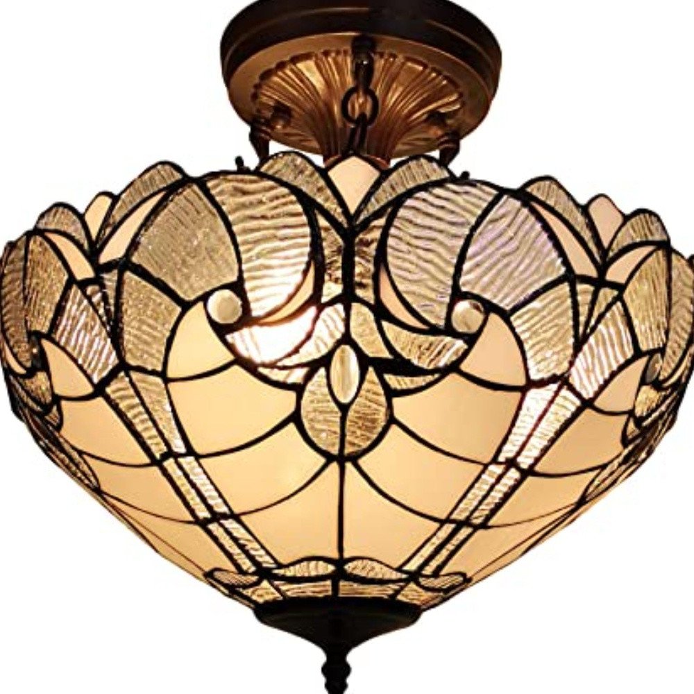 Yellow and Brown Two Light Tiffany Style Semi Flush Dimmable Ceiling Light on a white background