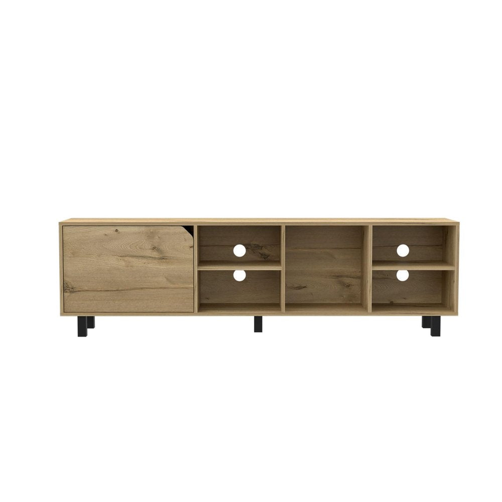 71" Natural Wood Enclosed and Open Storage TV Stand on a white background