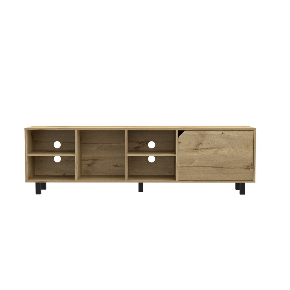 71" Natural Wood Enclosed and Open Storage TV Stand on a white background