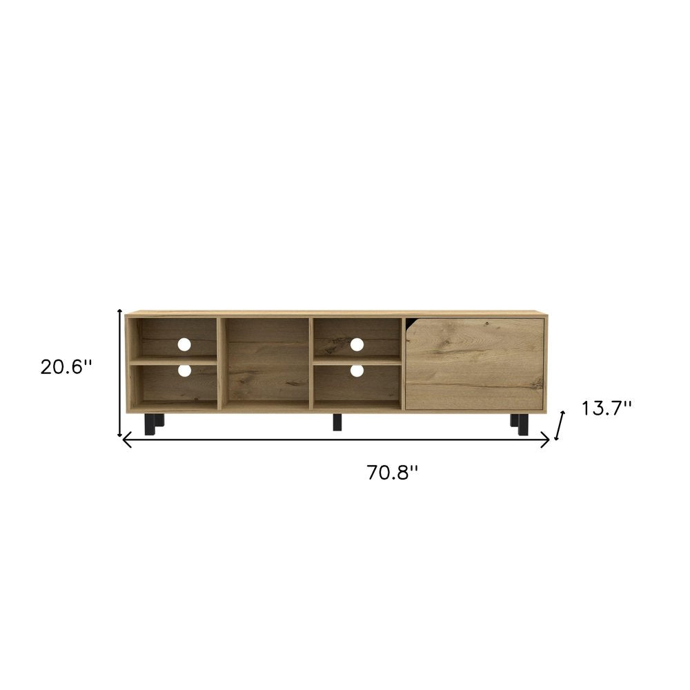 71" Natural Wood Enclosed and Open Storage TV Stand on a white background
