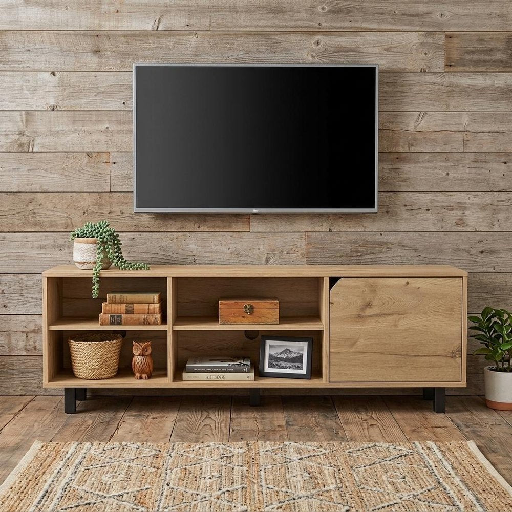 71" Natural Wood Enclosed and Open Storage TV Stand