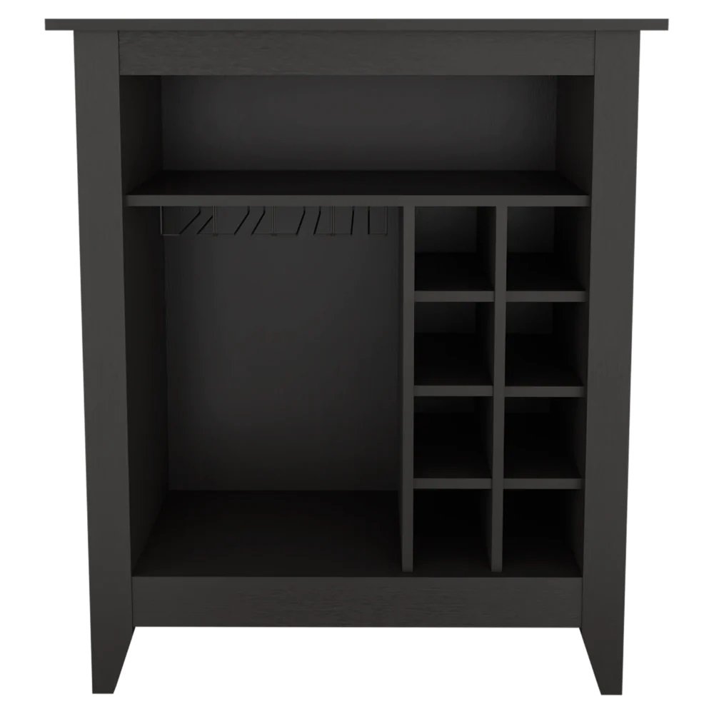 Black bar cart with wine bottle cubbies and glass rack, against a white background.