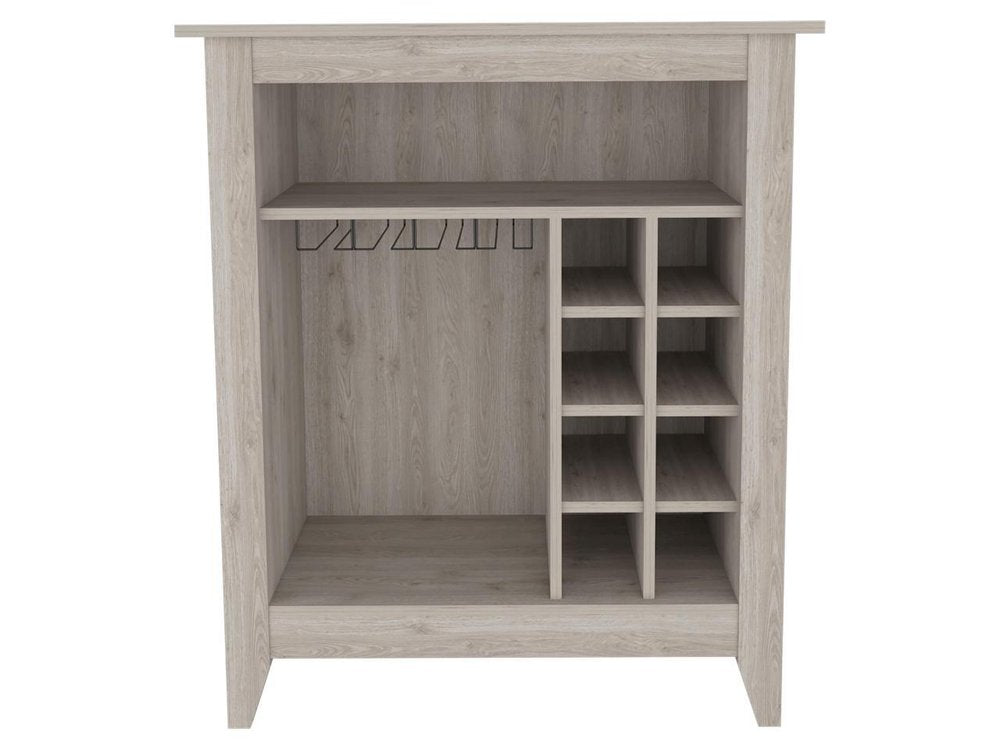 Light gray bar cart with wine storage and glass rack, made of wood-look material, on a white background.