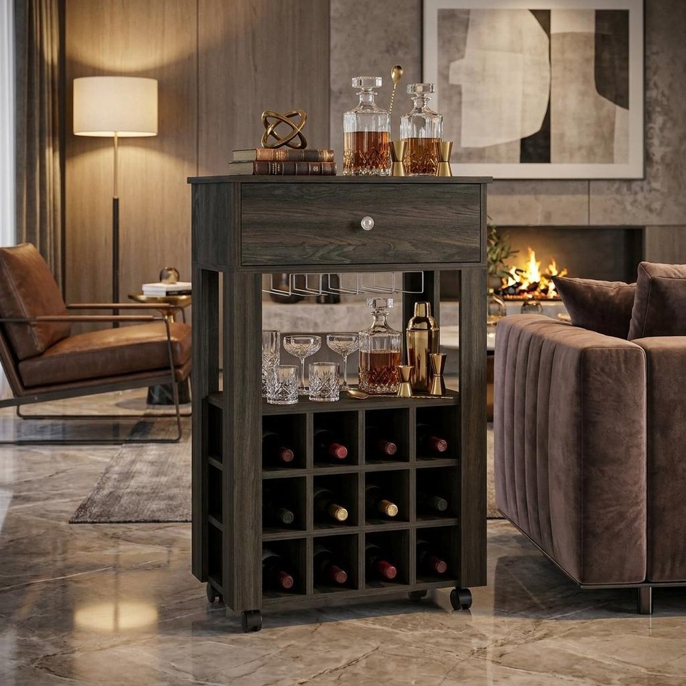 Espresso Rolling Bar Cart With Wine Storage - 39.37" H x 23.62" W x 13.98" D