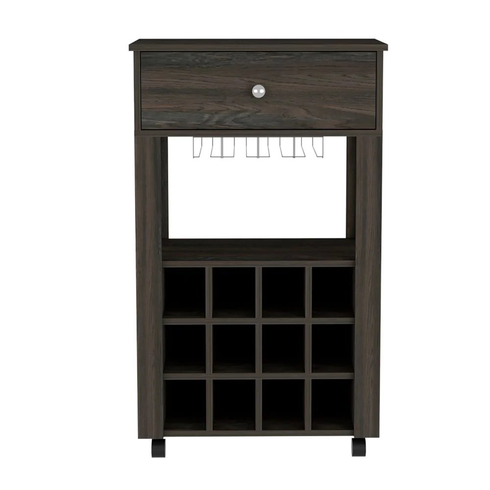 Dark brown wood bar cart with a drawer, wine glass rack, and 12 cubbies for wine bottles, on black wheels.