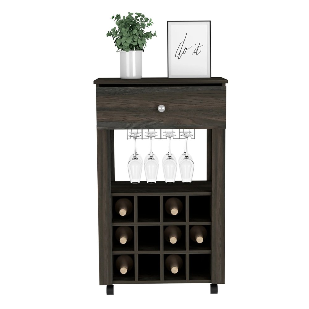 Espresso Rolling Bar Cart With Wine Storage - 39.37" H x 23.62" W x 13.98" D