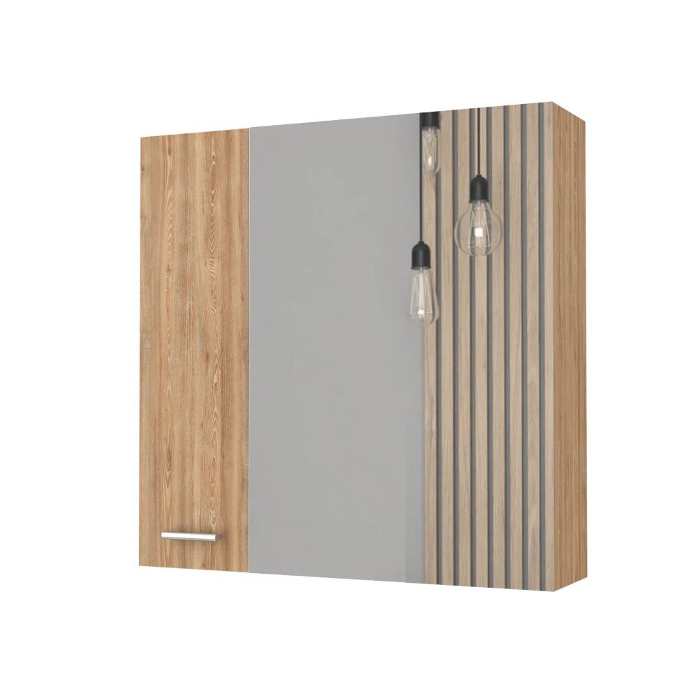 A 24" natural wood floating bathroom vanity with a mirror and slatted wood accent.