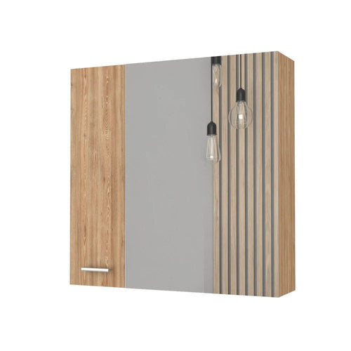 A 24" natural wood floating bathroom vanity with a mirror and slatted wood accent.