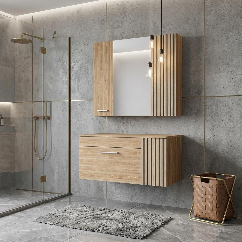 24" Natural Wood Floating Double Door Bathroom Vanity And Medicine Cabinet With Mirror