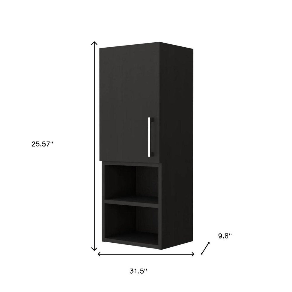 32" Black Wood Floating Single Door Bathroom Vanity And Medicine Cabinet. Bathroom vanity isolated on a plain white background, showing a black wood surface.