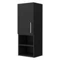 Black wood single door bathroom vanity and medicine cabinet with two open shelves against a white background.