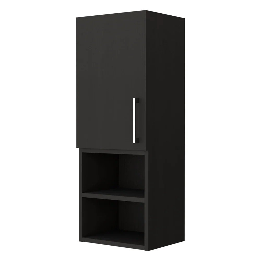 Black wood single door bathroom vanity and medicine cabinet with two open shelves against a white background.