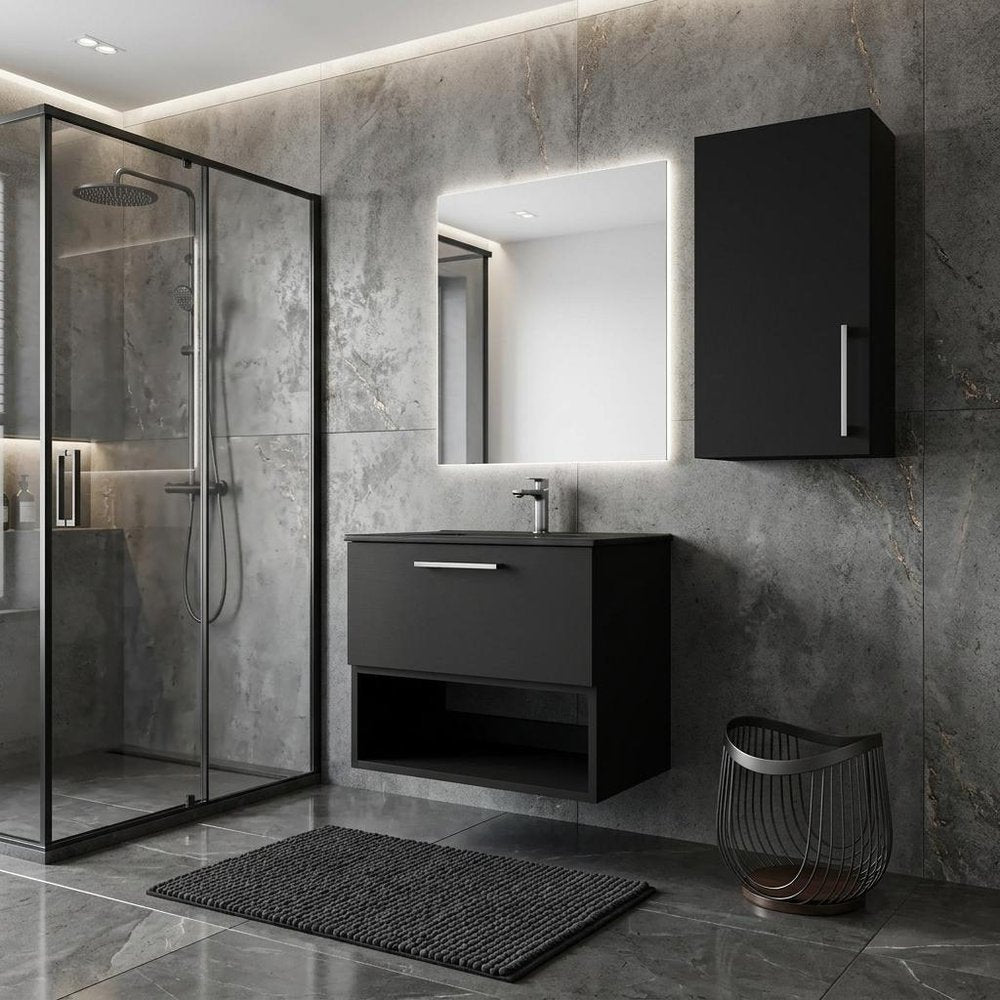 32" Black Wood Floating Single Door Bathroom Vanity And Medicine Cabinet