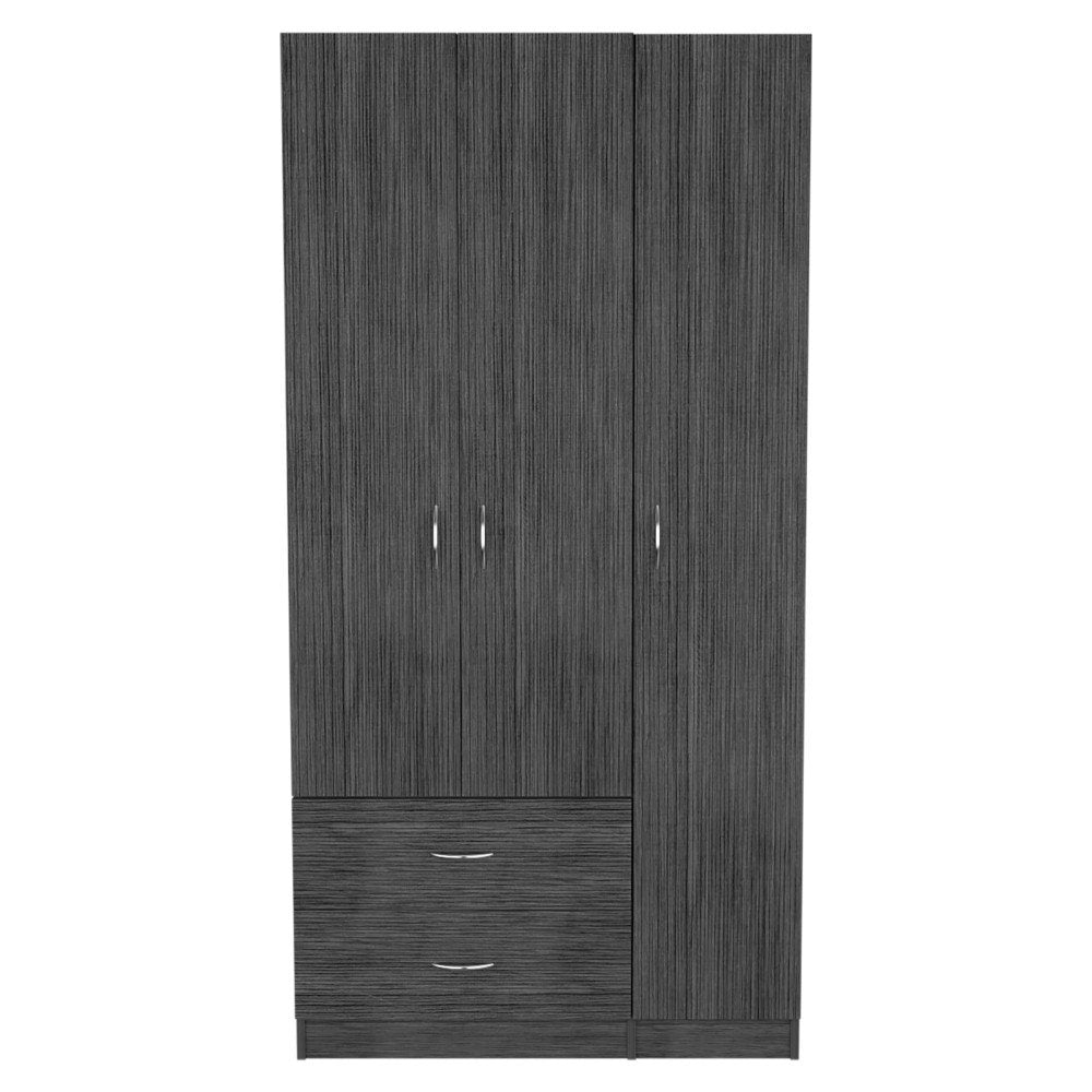 Gray wood dresser with two drawers and three cabinet doors against a white background.