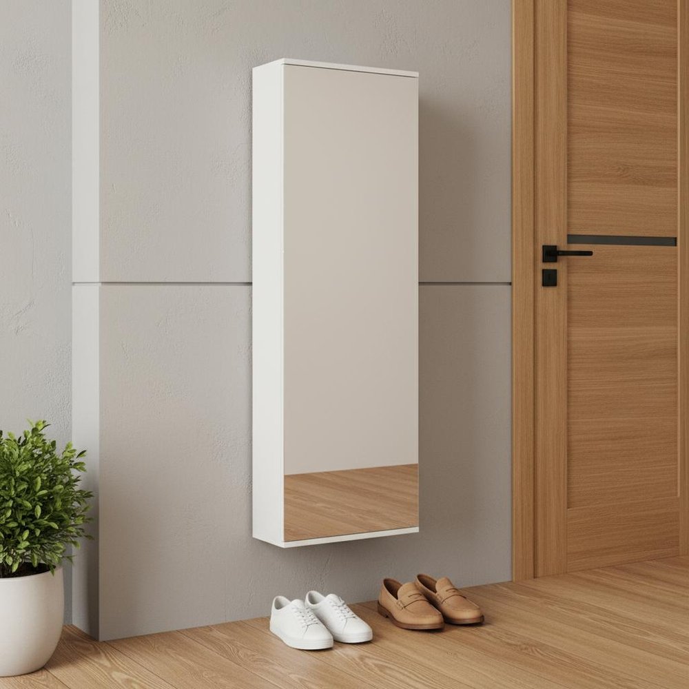 White Ten Pair Wall Mounted WoodShoe Rack in a home interior