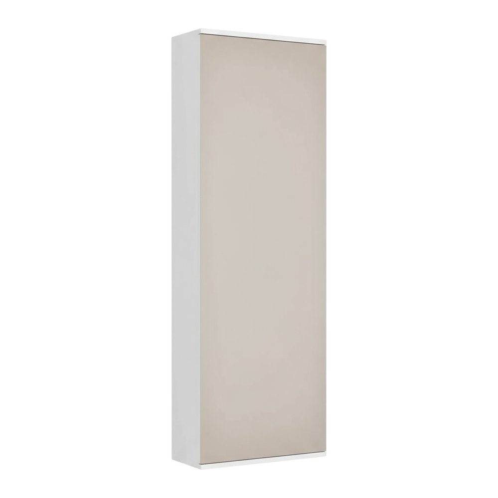 Tall, narrow white shoe rack with a beige door, mounted on a white background.