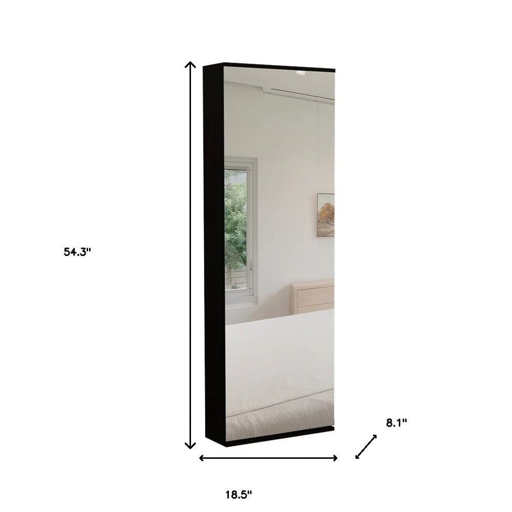 Tall, dark brown wall-mounted shoe rack, 54.3" H x 18.5" W x 8.1" D, shown in a bedroom.