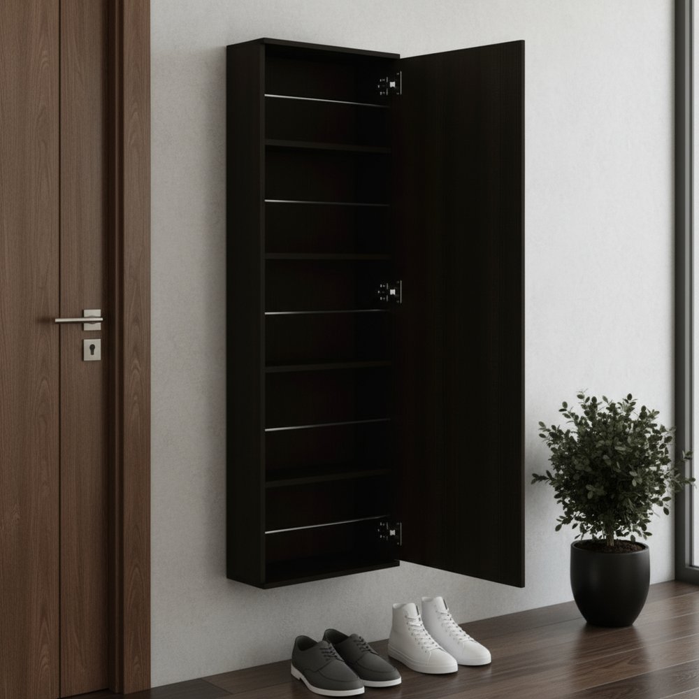 Dark Brown Ten Pair Wall Mounted WoodShoe Rack in a home interior