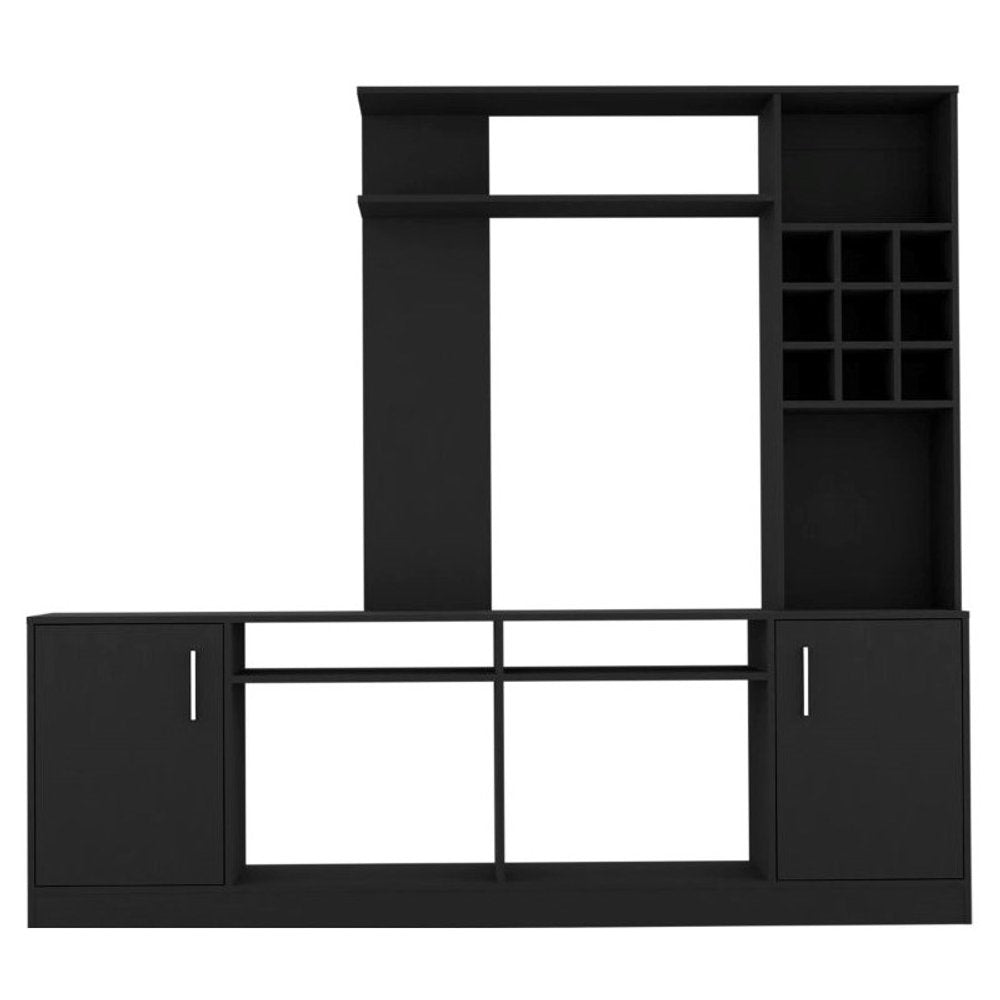 78" Black Wood Open shelving Entertainment Center on a white background