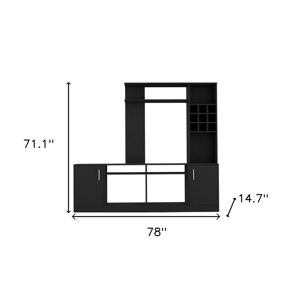 78" Black Wood Open shelving Entertainment Center on a white background