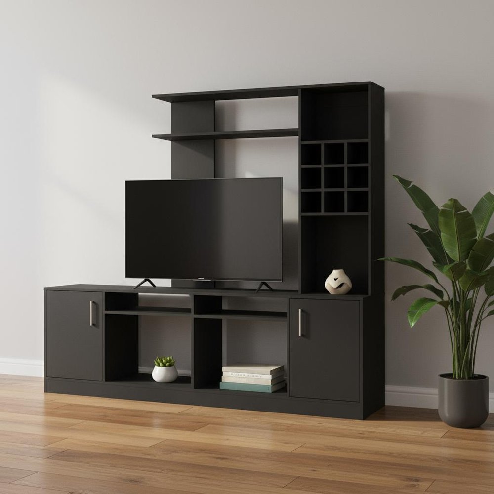 78" Black Wood Open shelving Entertainment Center in a home interior