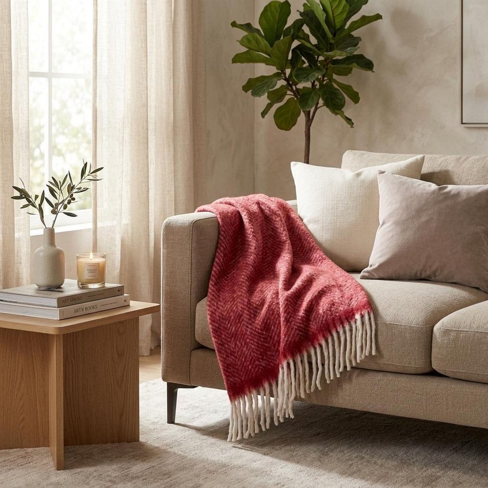 Red Woven Acrylic Solid Color Reversable Throw in a home interior