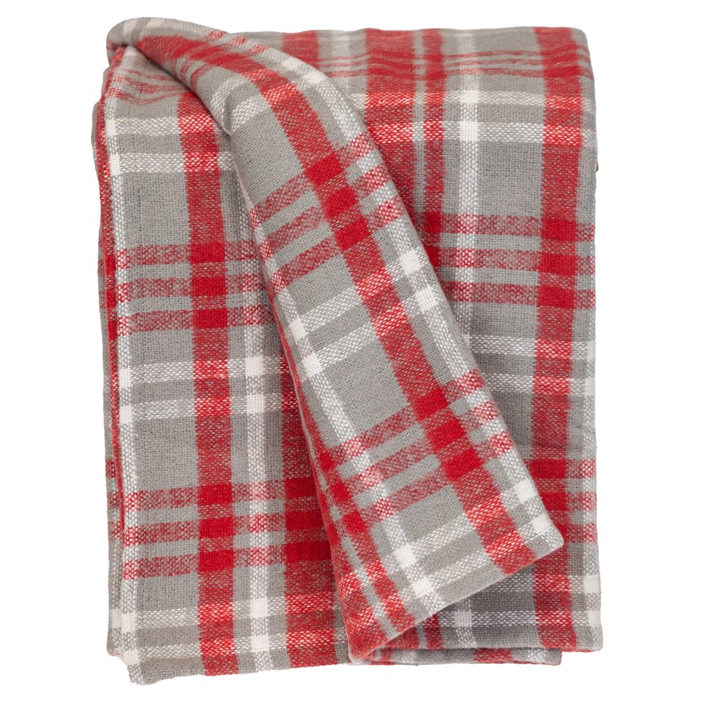 A red, white, and gray plaid woven cotton throw blanket folded on a white background.