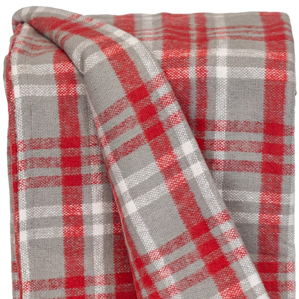 Red Woven Cotton Plaid Throw Blanket close-up detail
