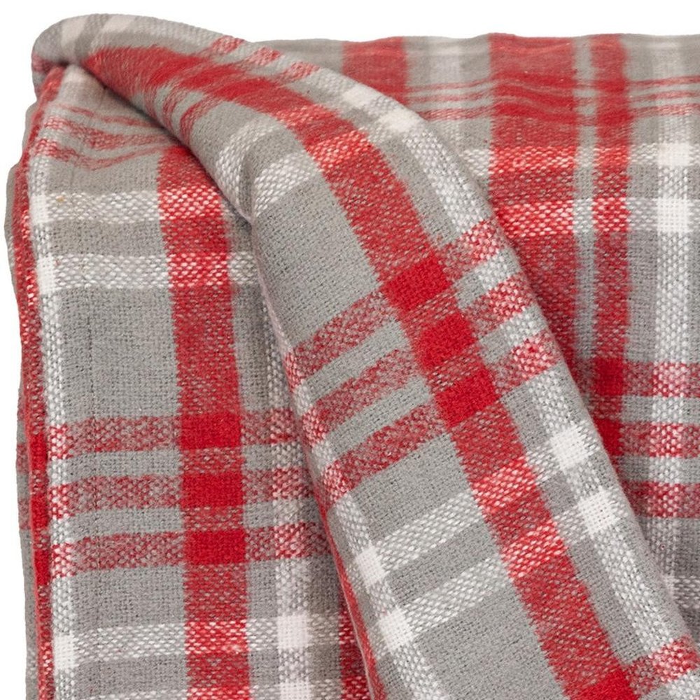 Red Woven Cotton Plaid Throw Blanket close-up detail