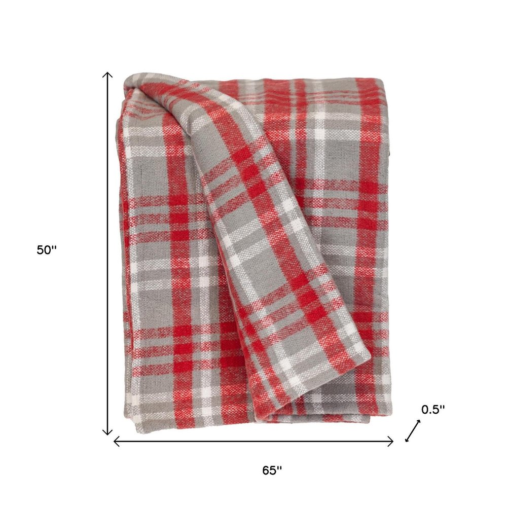 Red Woven Cotton Plaid Throw Blanket on a white background
