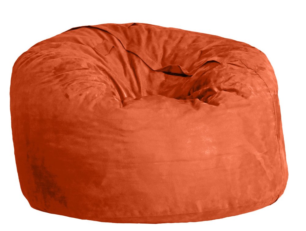 Orange microsuede classic bean bag chair on a white background.