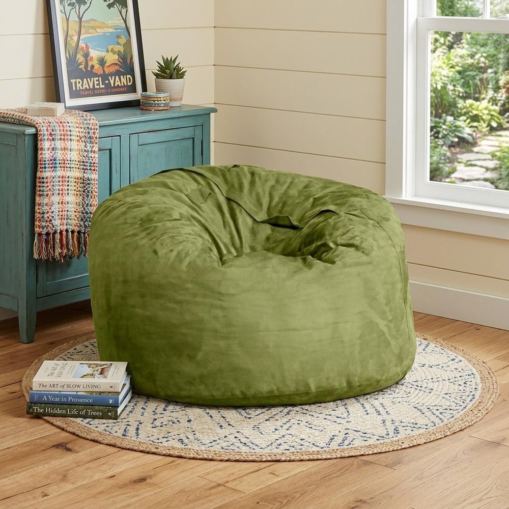 47" Green Microsuede Classic Bean Bag. Floor chair in green.
