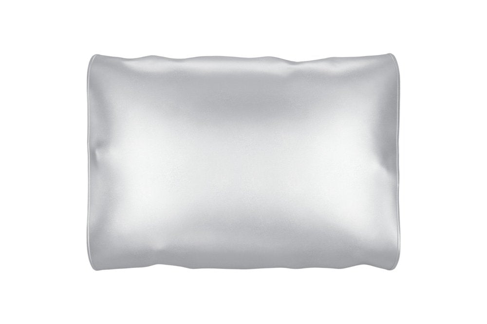 A silver silk pillowcase with a smooth, reflective finish against a white background.