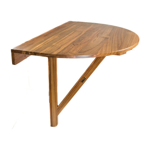 A brown solid wood half-round folding balcony table mounted on a white background.