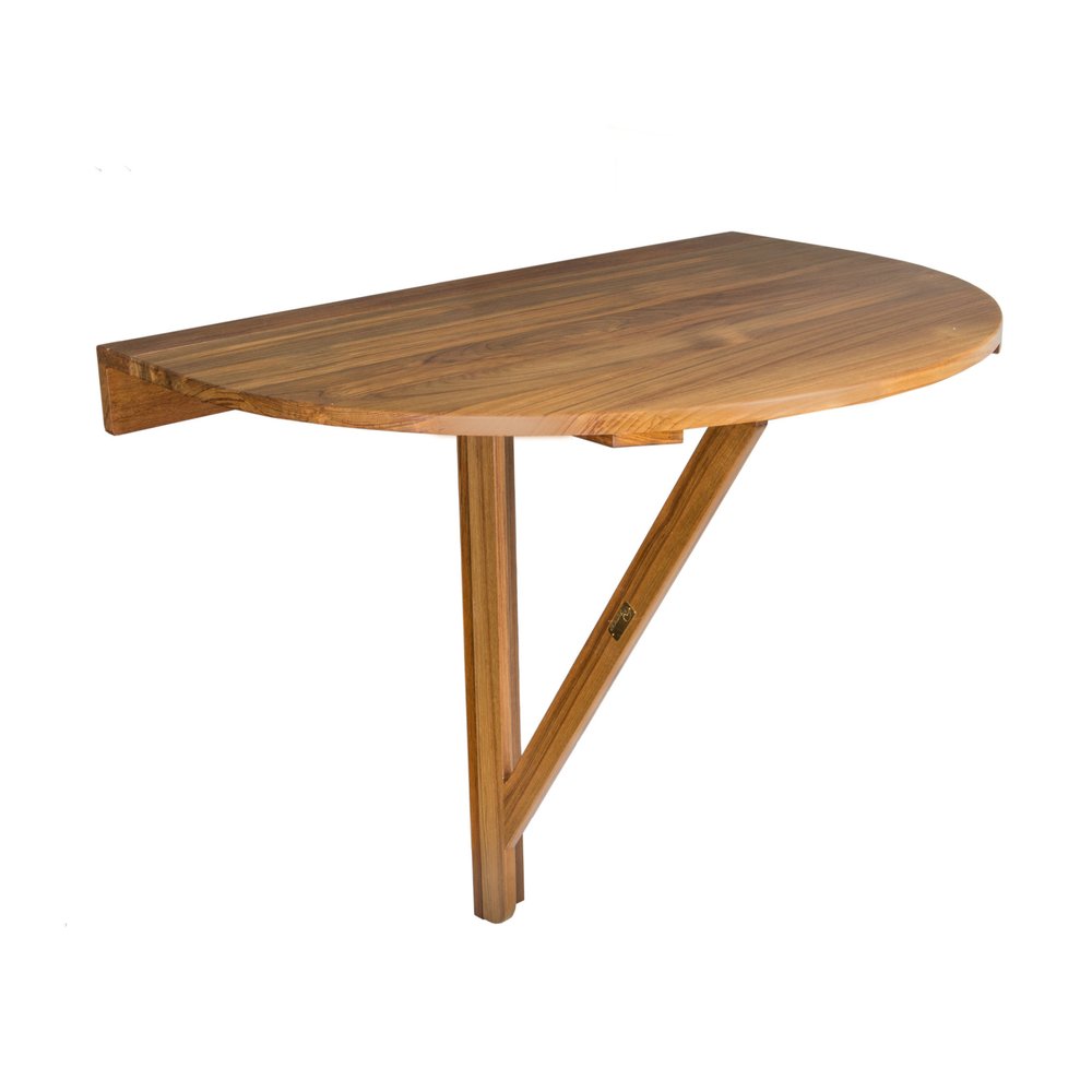 24" Brown Half Round Solid Wood Folding Outdoor Balcony Table. Outdoor table isolated on a plain white background, showing a brown wood surface.