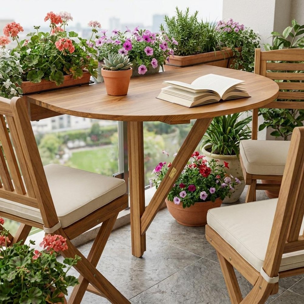 24" Brown Half Round Solid Wood Folding Outdoor Balcony Table