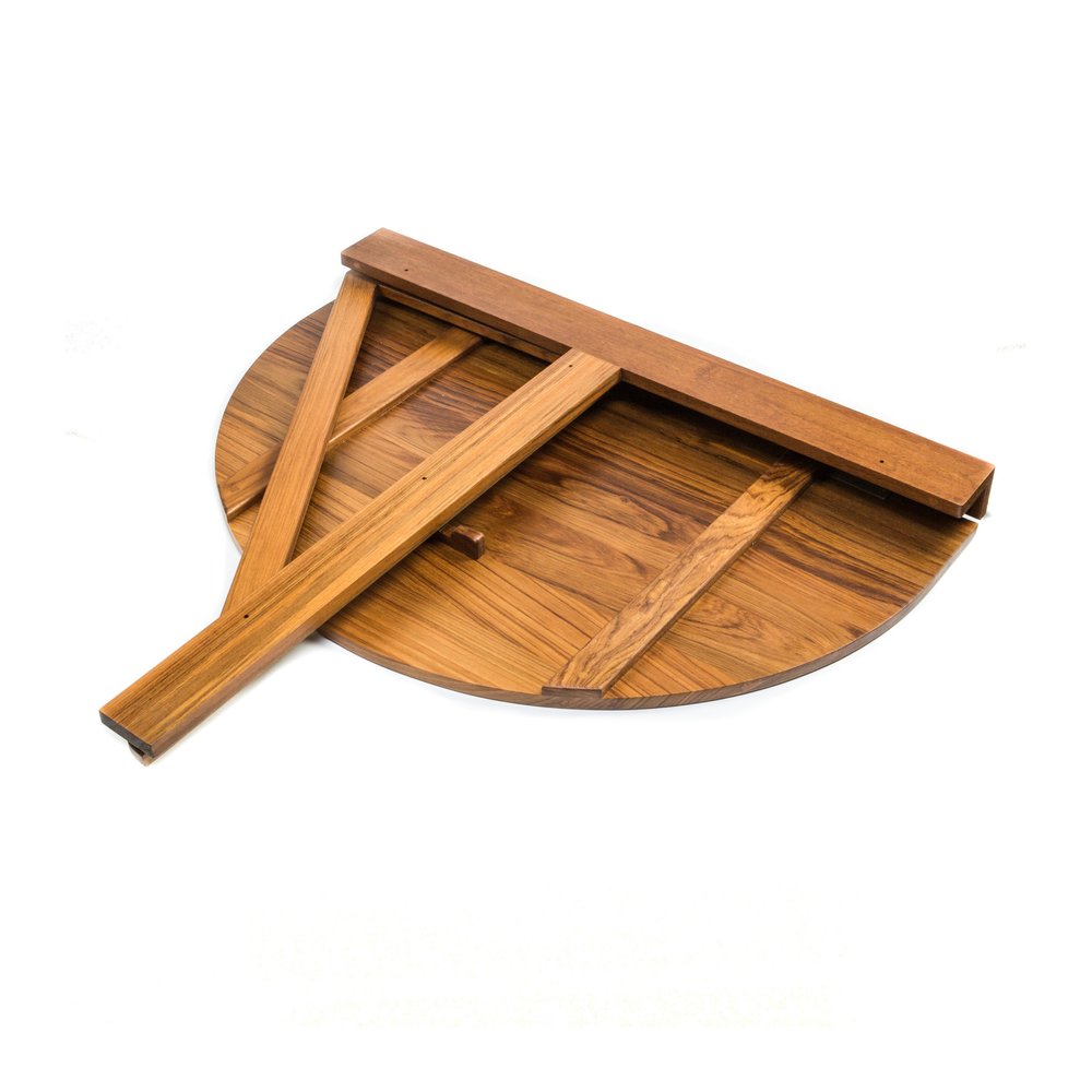 24" Brown Half Round Solid Wood Folding Outdoor Balcony Table. Outdoor table isolated on a plain white background, in a brown wood finish.