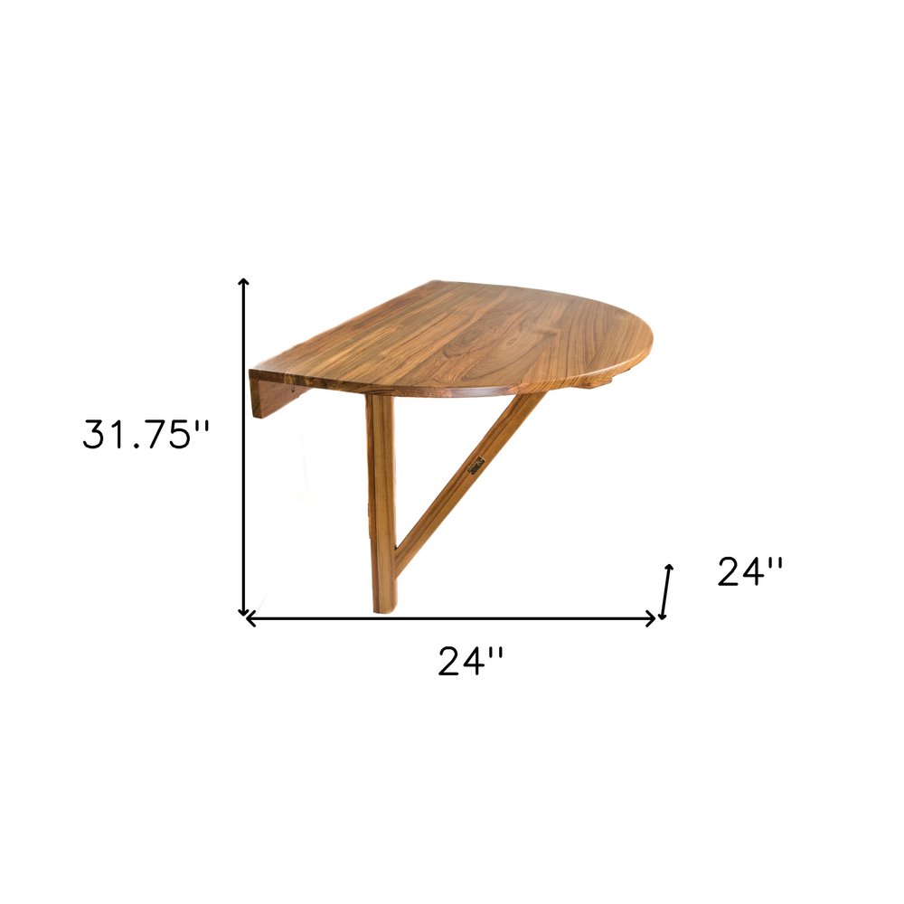 24" Brown Half Round Solid Wood Folding Outdoor Balcony Table. Outdoor table isolated on a plain white background, showing a brown wood surface.