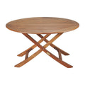 Brown solid wood oval folding outdoor side table with slatted top and X-shaped legs on a white background.