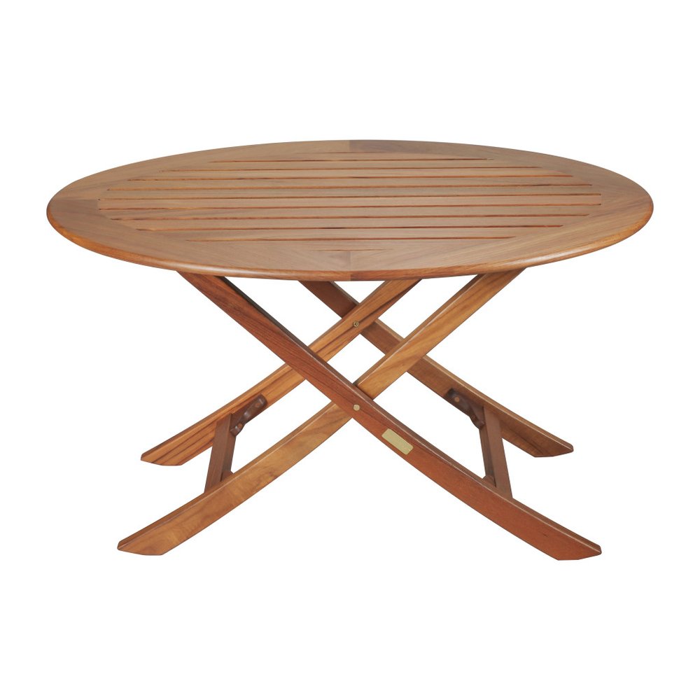 Brown solid wood oval folding outdoor side table with slatted top and X-shaped legs on a white background.