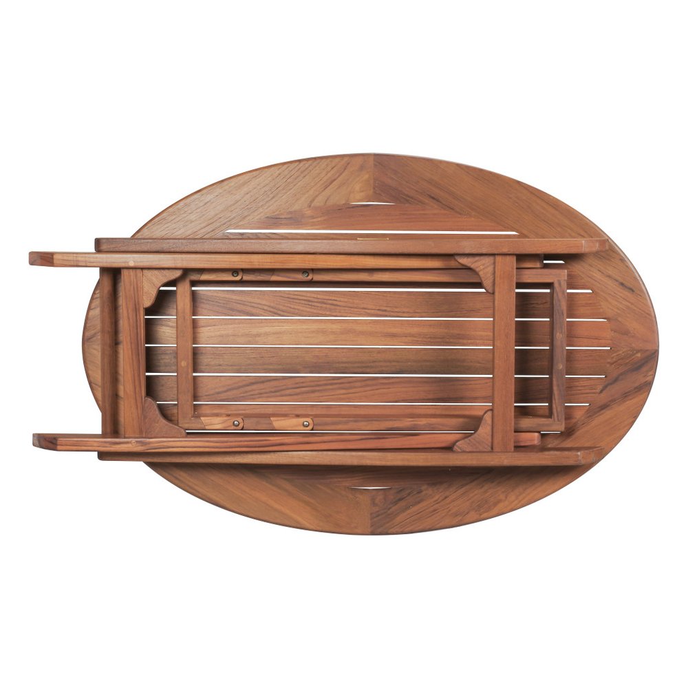 40" Brown Oval Solid Wood Folding Outdoor Side Table. Outdoor table isolated on a plain white background, showing a brown wood surface.