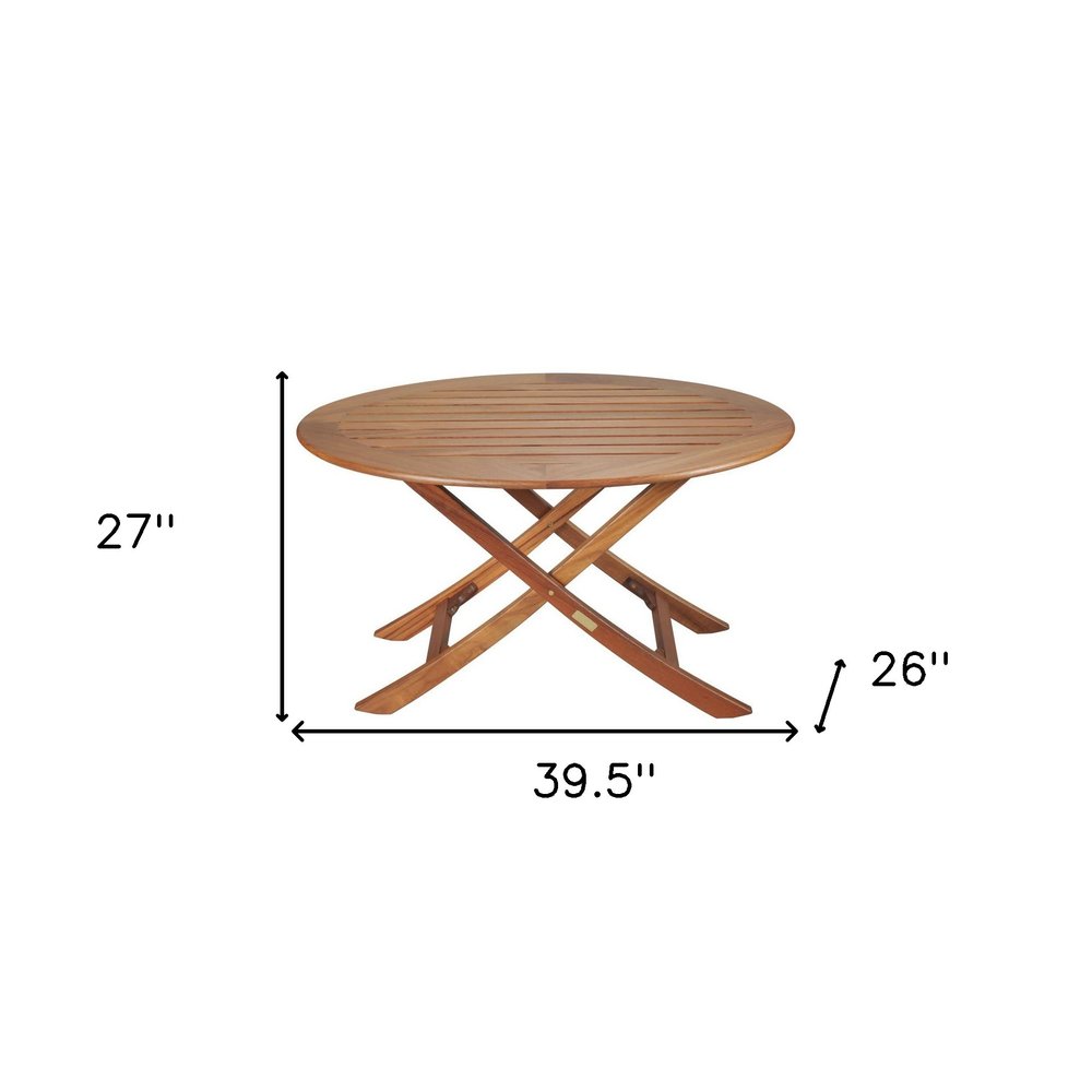 40" Brown Oval Solid Wood Folding Outdoor Side Table. Outdoor table isolated on a plain white background, in a brown wood finish.