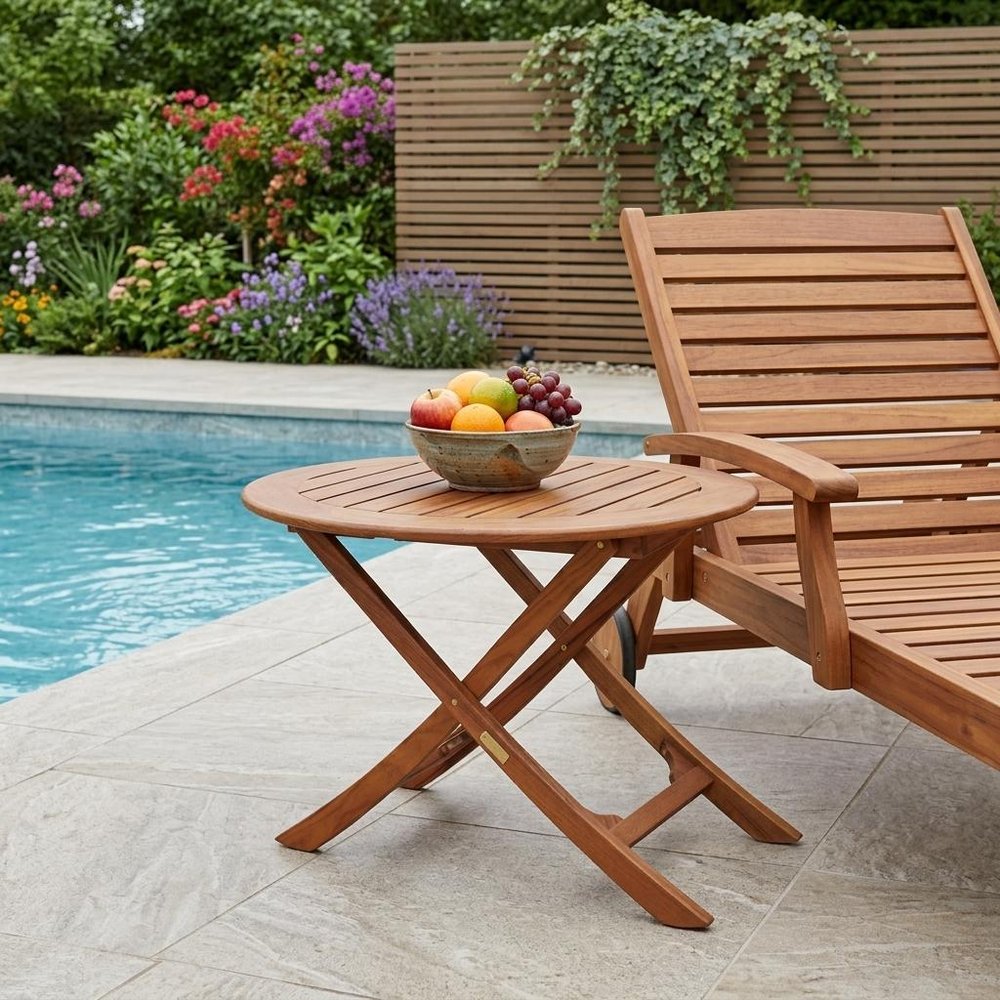 40" Brown Oval Solid Wood Folding Outdoor Side Table shown outdoors on a tiled patio with greenery.