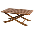 Brown solid wood folding outdoor side table with a slatted top and X-shaped legs on a white background.
