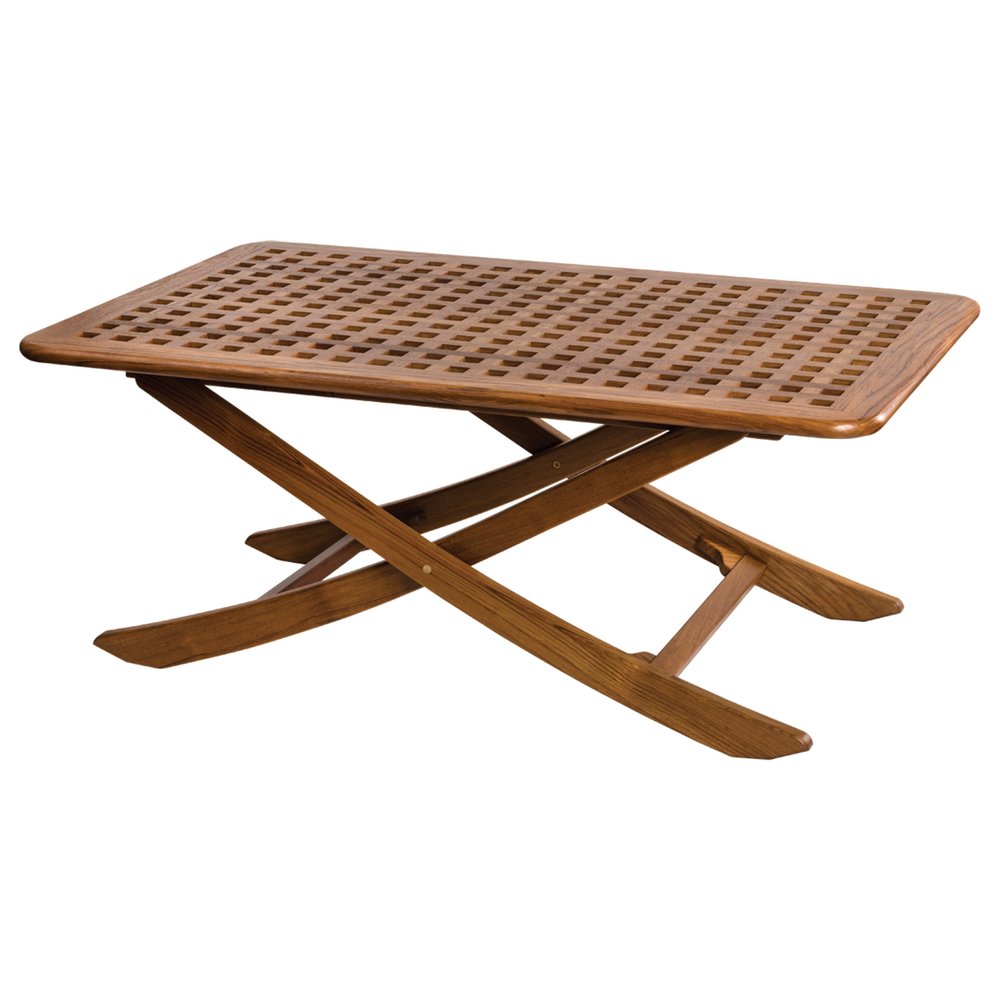 Brown solid wood folding outdoor side table with a slatted top and X-shaped legs on a white background.