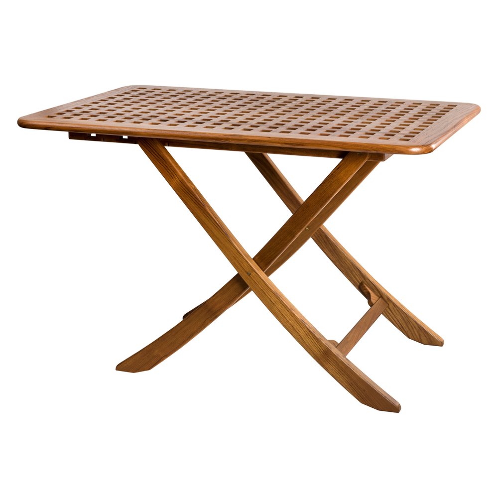 43" Brown Solid Wood Folding Outdoor Side Table. Outdoor table isolated on a plain white background, in a brown wood finish.