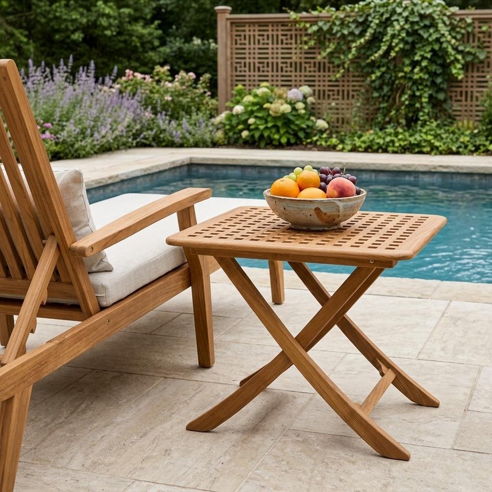 43" Brown Solid Wood Folding Outdoor Side Table shown outdoors on a tiled patio with greenery.