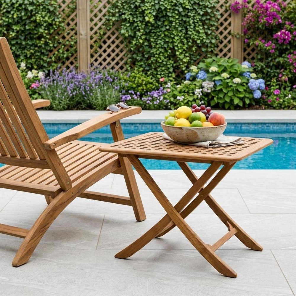 43" Brown Solid Wood Folding Outdoor Side Table shown outdoors on a patio with greenery.